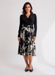 Robe mi-longue imprimé fleurs manches longues noir JOSEPH RIBKOFF femme