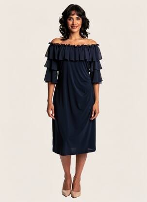 Robe mi-longue tissage crêpe manches courtes bleu JOSEPH RIBKOFF femme