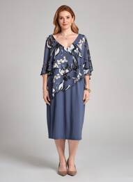 Robe mi-longue imprimé fleurs manches courtes gris JOSEPH RIBKOFF femme