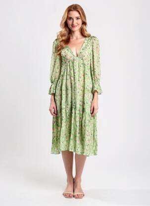 Robe mi-longue coupe fluide manches 3/4 vert B.YU femme