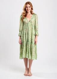 Robe mi-longue coupe fluide manches 3/4 vert B.YU femme