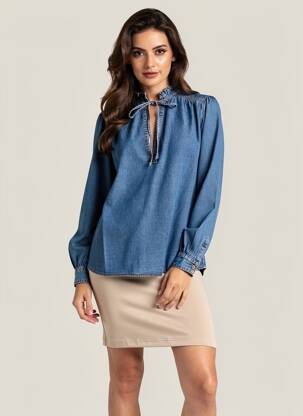 Blouse poignets boutonnés avec fente manches longues bleu GRACE & MILA femme