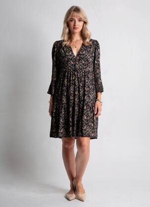 Robe mi-longue coupe fluide manches longues noir GRACE & MILA femme