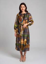 Robe mi-longue imprimé fantaisie manches longues vert SOEUR femme