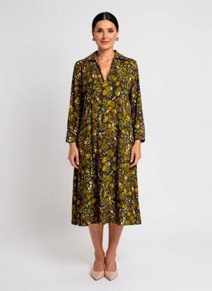 Robe mi-longue imprimé fantaisie manches longues vert SIYU femme