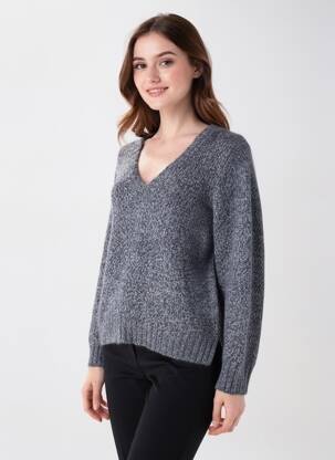 Pull col v manches longues gris GRAN SASSO femme