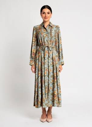 Robe longue tissage popeline manches longues bleu SURKANA femme