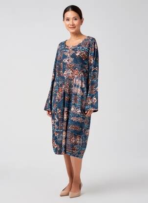 Robe mi-longue imprimé fantaisie manches longues bleu ORIENTIQUE NATURALLY femme