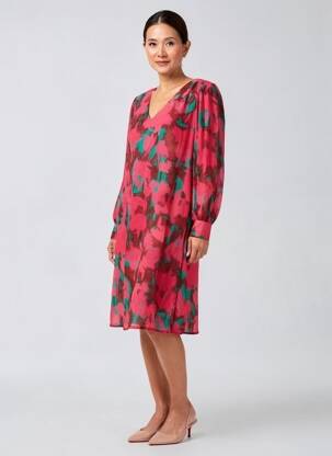 Robe mi-longue imprimé fantaisie manches longues rouge MADE IN SENS femme