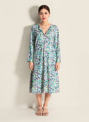 Robe mi-longue imprimé fantaisie manches longues vert SURKANA femme