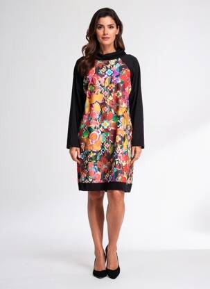 Robe mi-longue imprimé fantaisie manches longues noir MALOKA femme