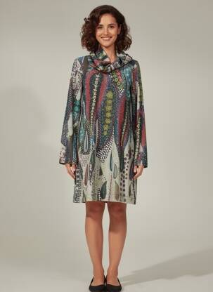 Robe mi-longue imprimé fantaisie manches longues bleu MALOKA femme