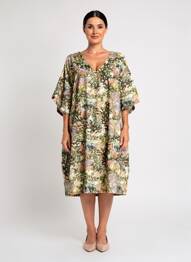 Robe mi-longue imprimé fantaisie manches courtes vert MALOKA femme