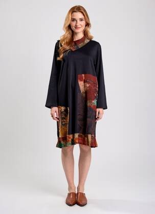 Robe mi-longue imprimé fantaisie manches longues noir ORIENTIQUE NATURALLY femme