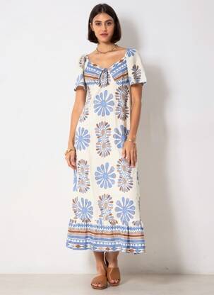 Robe longue tissage popeline manches courtes bleu C'FLO femme