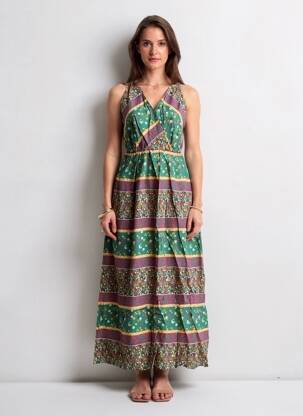 Robe longue tissage popeline sans manche vert C'FLO femme