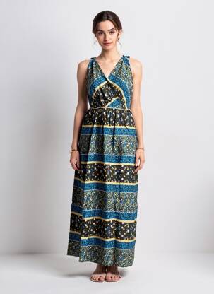 Robe longue tissage popeline sans manche bleu C'FLO femme