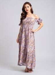 Robe mi-longue imprimé fleurs manches courtes violet C'FLO femme