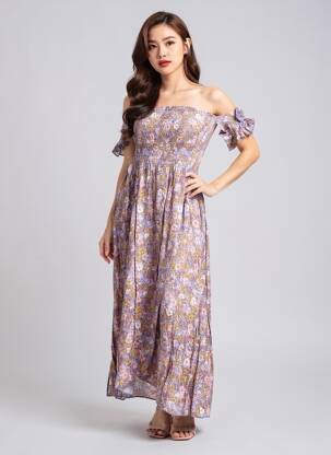 Robe mi-longue imprimé fleurs manches courtes violet C'FLO femme