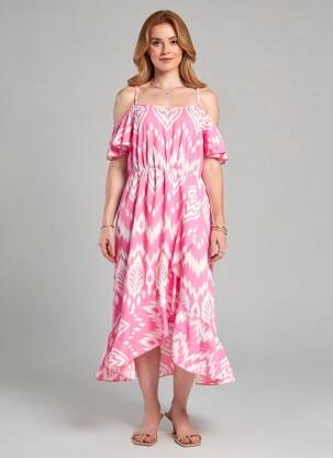 Robe mi-longue imprimé fantaisie fines bretelles rose C'FLO femme
