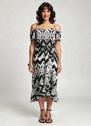 Robe mi-longue imprimé fantaisie fines bretelles noir C'FLO femme