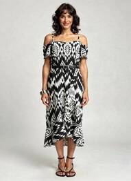 Robe mi-longue imprimé fantaisie fines bretelles noir C'FLO femme