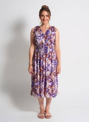 Robe mi-longue imprimé fantaisie manches courtes violet C'FLO femme