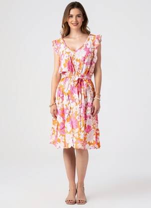 Robe mi-longue imprimé fleurs manches courtes orange C'FLO femme