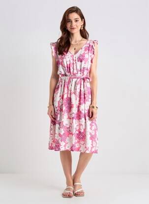 Robe mi-longue imprimé fleurs manches courtes rose C'FLO femme