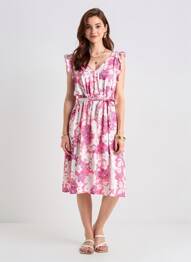 Robe mi-longue imprimé fleurs manches courtes rose C'FLO femme