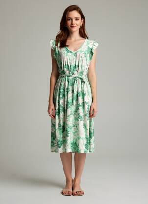 Robe mi-longue imprimé fleurs manches courtes vert C'FLO femme