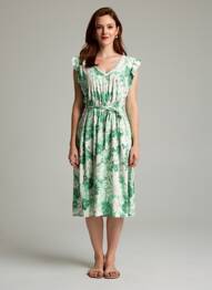 Robe mi-longue imprimé fleurs manches courtes vert C'FLO femme