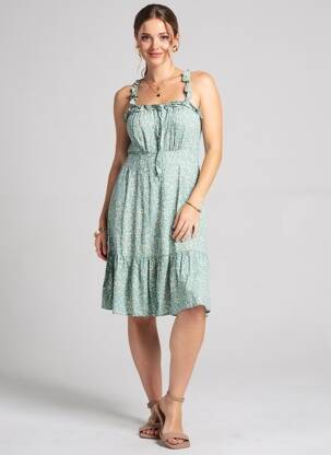Robe mi-longue imprimé fleurs sans manche vert C'FLO femme