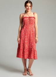 Robe mi-longue imprimé fleurs sans manche rouge C'FLO femme