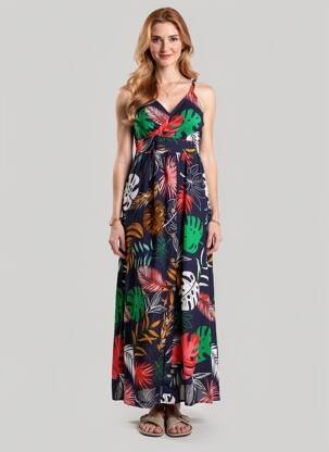 Robe longue imprimé fantaisie fines bretelles bleu AIRISA femme