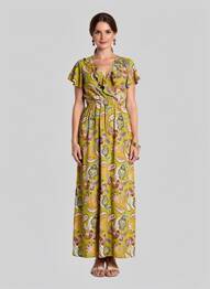 Robe longue imprimé fantaisie manches courtes vert C'FLO femme