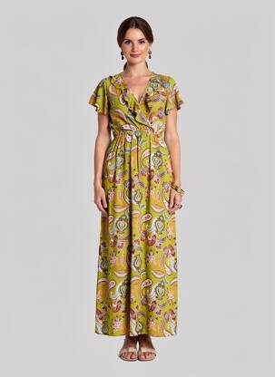 Robe longue imprimé fantaisie manches courtes vert C'FLO femme