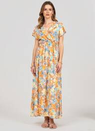 Robe longue imprimé fantaisie manches courtes orange C'FLO femme