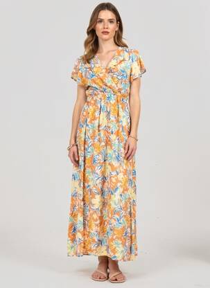 Robe longue imprimé fantaisie manches courtes orange C'FLO femme