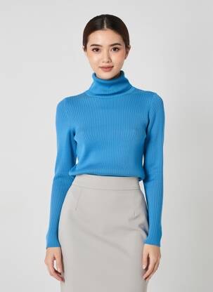 Pull col roulé tissage côtelé manches longues bleu UNIQLO femme