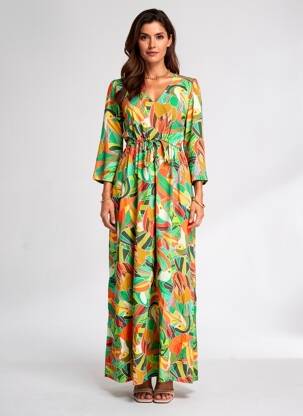 Robe longue tissage popeline manches longues vert LA FIANCÉE femme