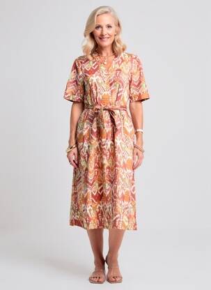 Robe mi-longue imprimé fantaisie manches courtes orange JULIE GUERLANDE femme
