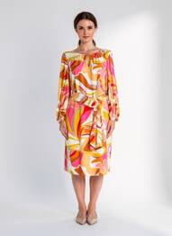 Robe mi-longue imprimé fantaisie manches longues orange K-DESIGN femme