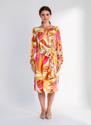 Robe mi-longue imprimé fantaisie manches longues orange K-DESIGN femme