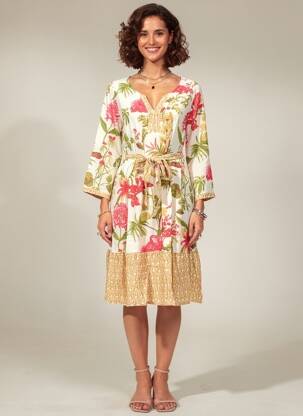Robe mi-longue imprimé fleurs manches longues beige AGATHE & LOUISE femme