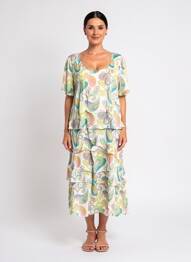 Robe mi-longue coupe fluide manches courtes vert AGATHE & LOUISE femme