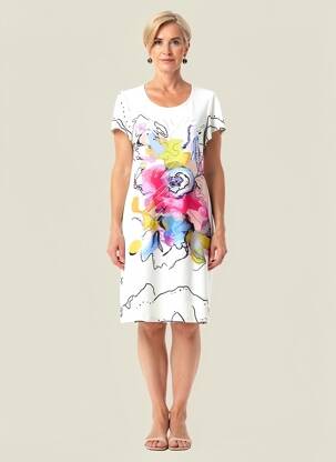 Robe mi-longue imprimé fantaisie manches courtes beige GREGORY PAT femme