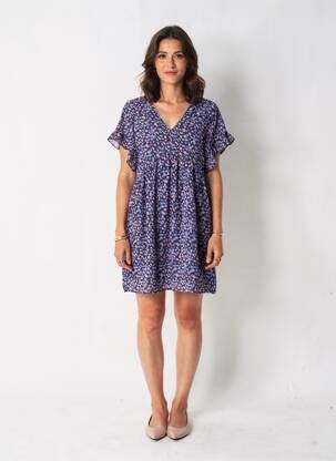 Robe courte coupe fluide manches courtes bleu LE TEMPS DES CERISES femme