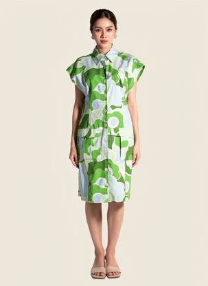 Robe mi-longue imprimé fantaisie manches courtes vert TARA JARMON femme