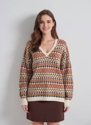 Pull col v manches longues marron LEON & HARPER femme